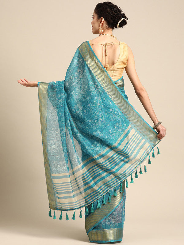 Turquoise Silk Cotton Printed Floral Saree with Unstitched Blouse - Hiral Fashion | Swadesiicart