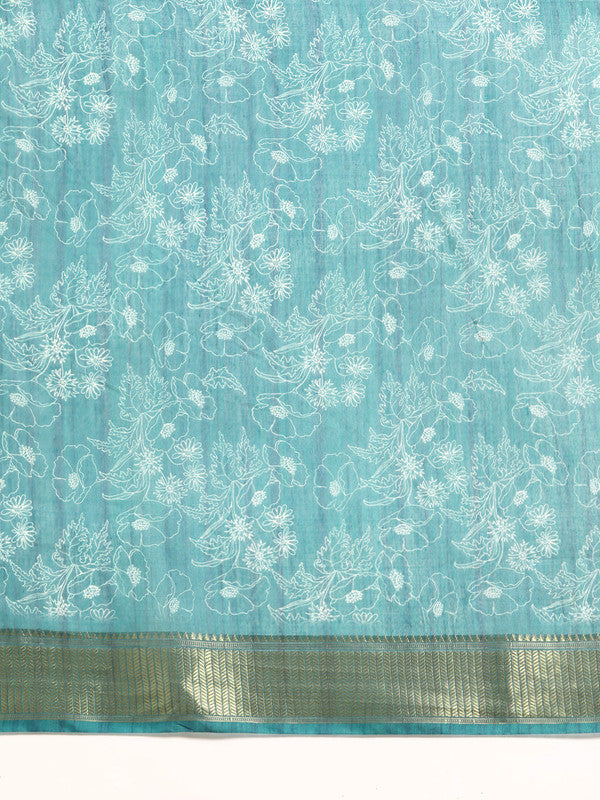 Turquoise Silk Cotton Printed Floral Saree with Unstitched Blouse - Hiral Fashion | Swadesiicart