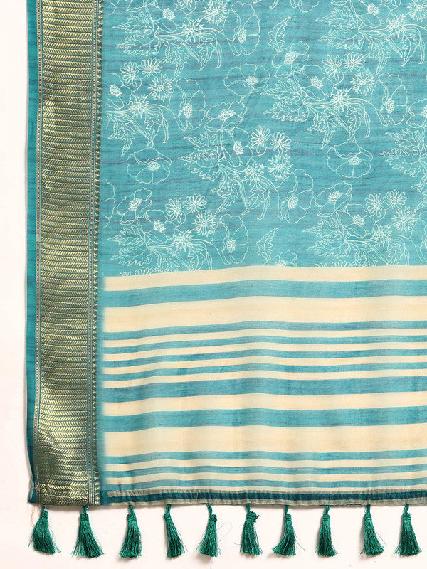 Turquoise Silk Cotton Printed Floral Saree with Unstitched Blouse - Hiral Fashion | Swadesiicart