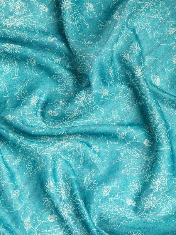 Turquoise Silk Cotton Printed Floral Saree with Unstitched Blouse - Hiral Fashion | Swadesiicart