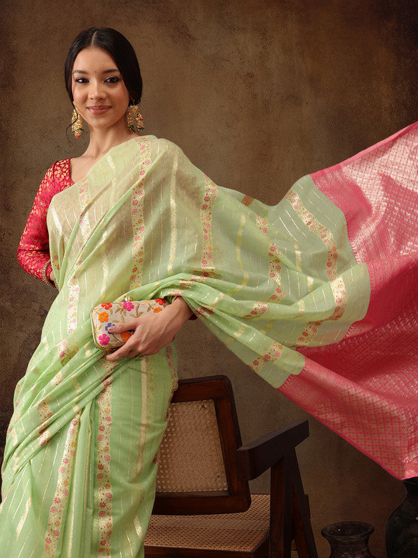 Green Cotton Woven Zari Design Floral Saree with Unstitched Blouse - Hiral Fashion | Swadesiicart