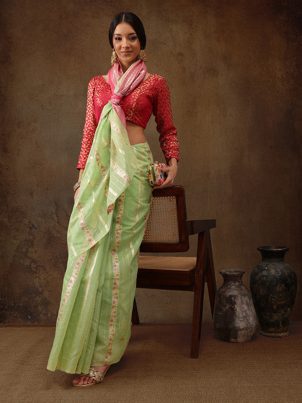 Green Cotton Woven Zari Design Floral Saree with Unstitched Blouse - Hiral Fashion | Swadesiicart