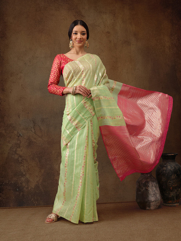 Green Cotton Woven Zari Design Floral Saree with Unstitched Blouse - Hiral Fashion | Swadesiicart