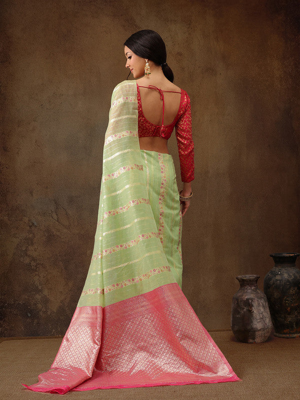 Green Cotton Woven Zari Design Floral Saree with Unstitched Blouse - Hiral Fashion | Swadesiicart