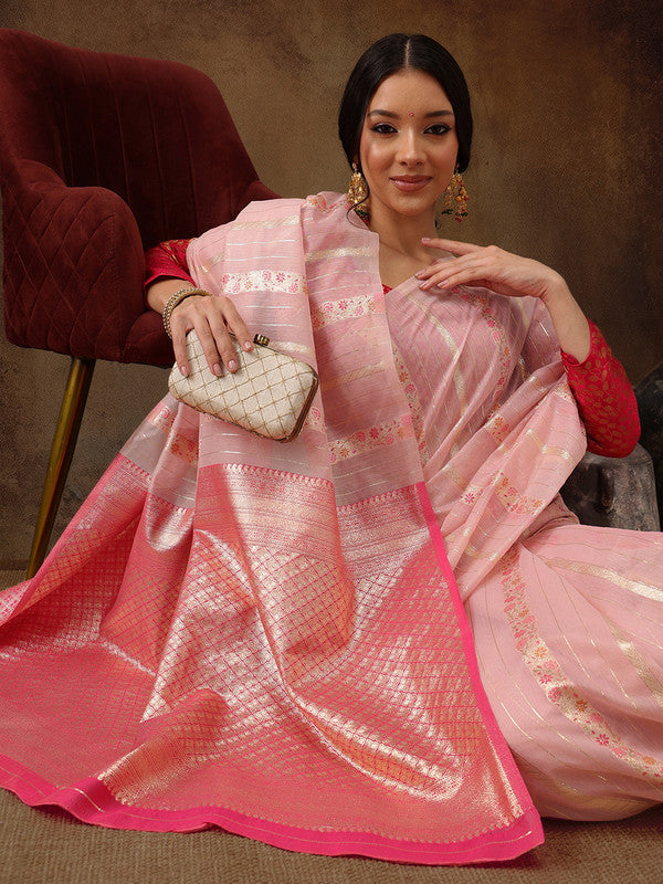 Pink Cotton Woven Zari Design Floral Saree with Unstitched Blouse - Hiral Fashion | Swadesiicart