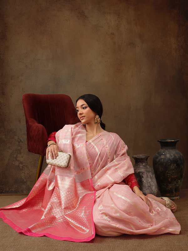 Pink Cotton Woven Zari Design Floral Saree with Unstitched Blouse - Hiral Fashion | Swadesiicart