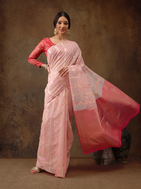 Pink Cotton Woven Zari Design Floral Saree with Unstitched Blouse - Hiral Fashion | Swadesiicart