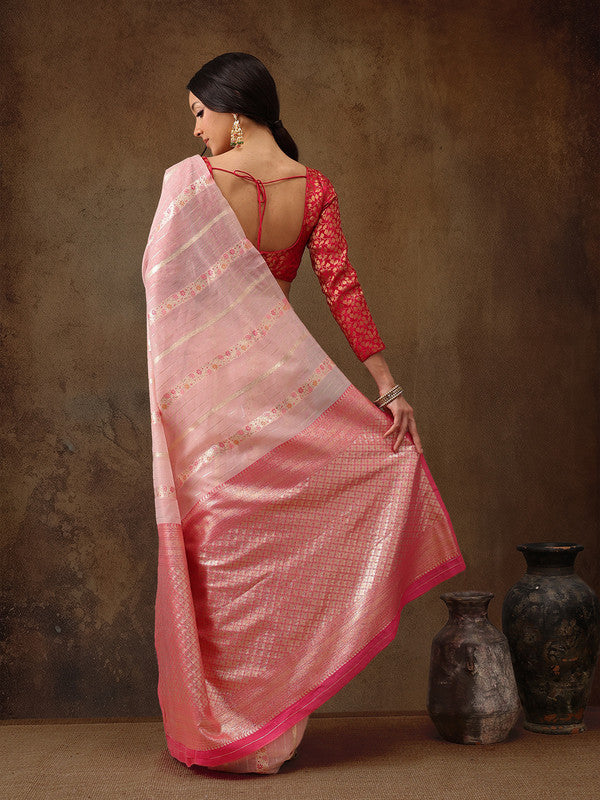 Pink Cotton Woven Zari Design Floral Saree with Unstitched Blouse - Hiral Fashion | Swadesiicart