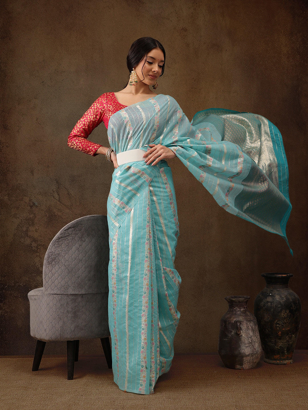 Turquoise Cotton Woven Zari Design Floral Saree with Unstitched Blouse - Hiral Fashion | Swadesiicart