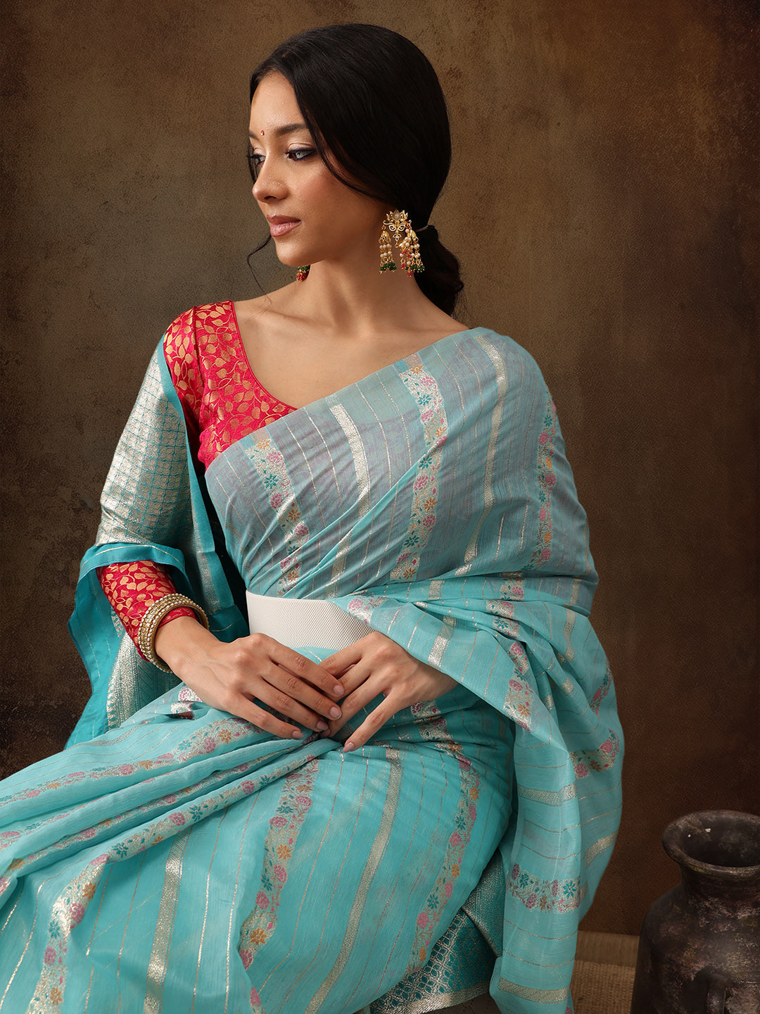 Turquoise Cotton Woven Zari Design Floral Saree with Unstitched Blouse - Hiral Fashion | Swadesiicart