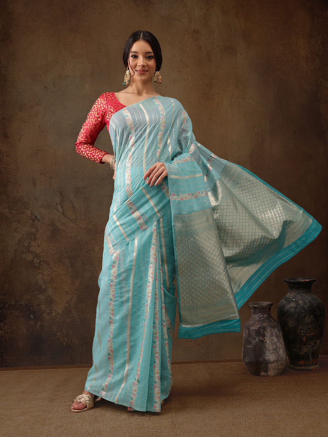 Turquoise Cotton Woven Zari Design Floral Saree with Unstitched Blouse - Hiral Fashion | Swadesiicart
