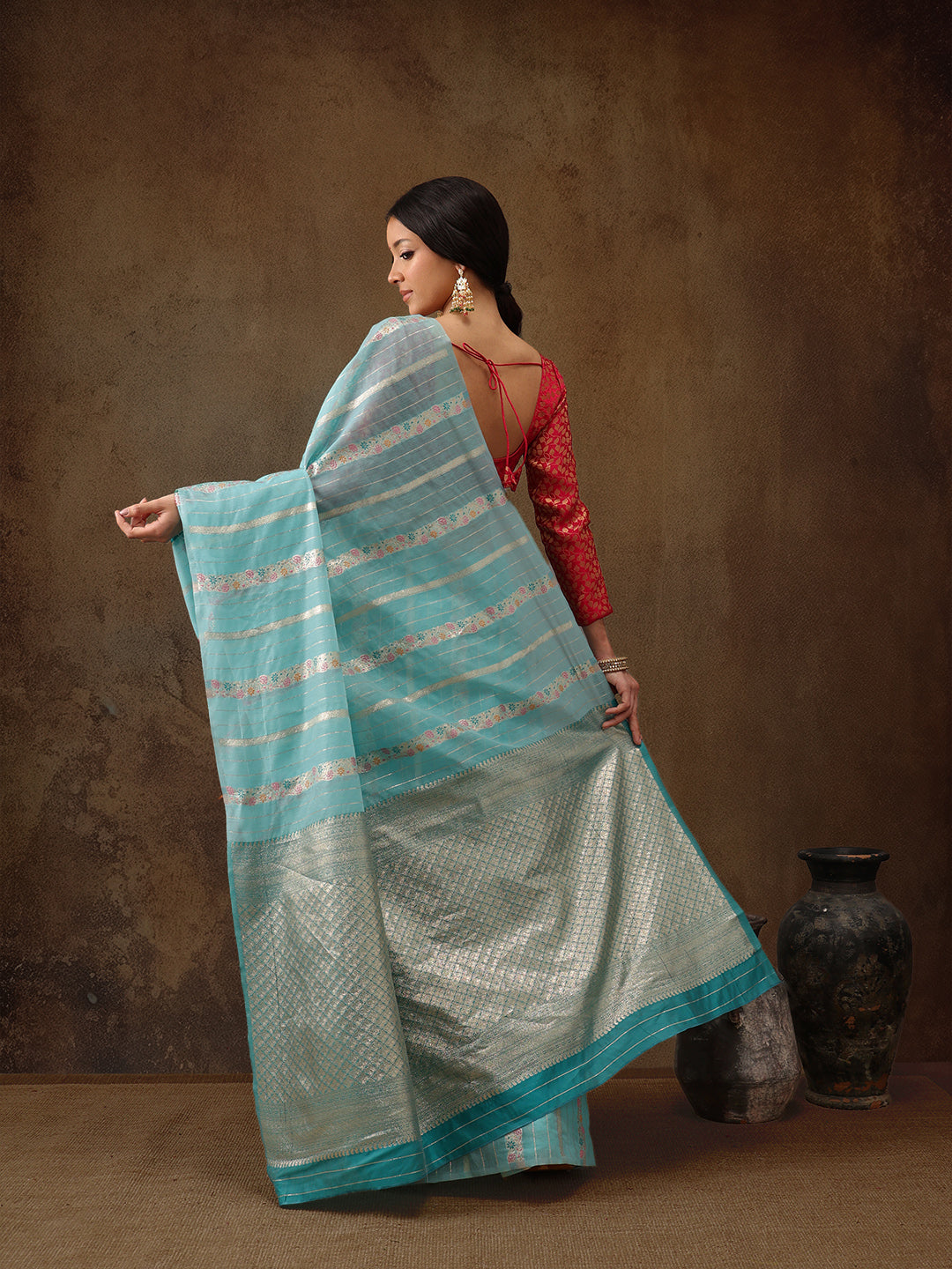 Turquoise Cotton Woven Zari Design Floral Saree with Unstitched Blouse - Hiral Fashion | Swadesiicart