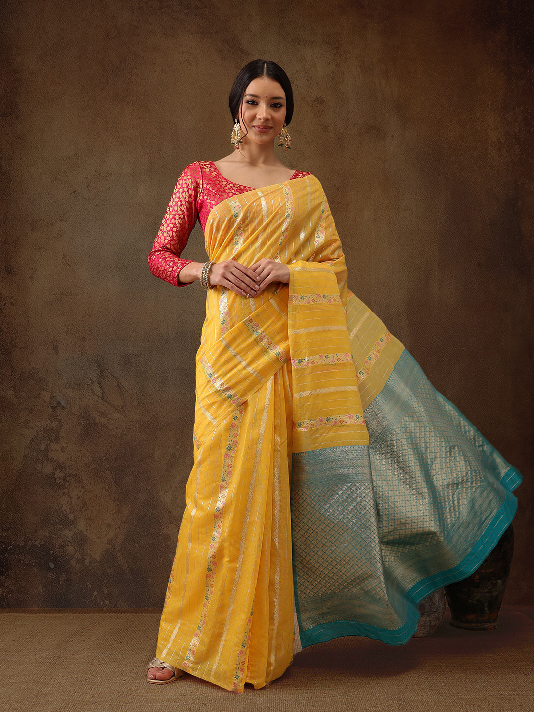 Yellow Cotton Woven Zari Design Floral Saree with Unstitched Blouse - Hiral Fashion | Swadesiicart