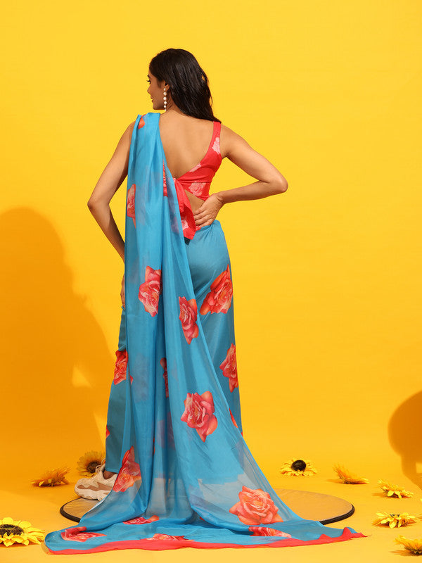 Blue Silk Blend Printed Floral Saree with Unstitched Blouse - Hiral Fashion | Swadesiicart