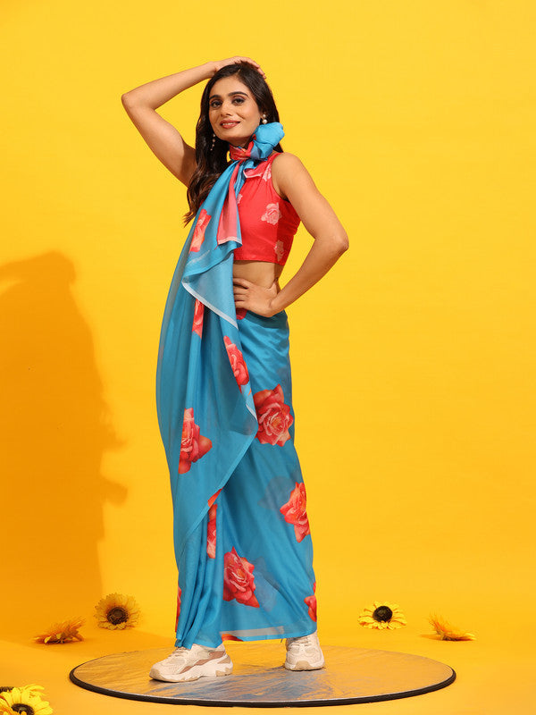 Blue Silk Blend Printed Floral Saree with Unstitched Blouse - Hiral Fashion | Swadesiicart