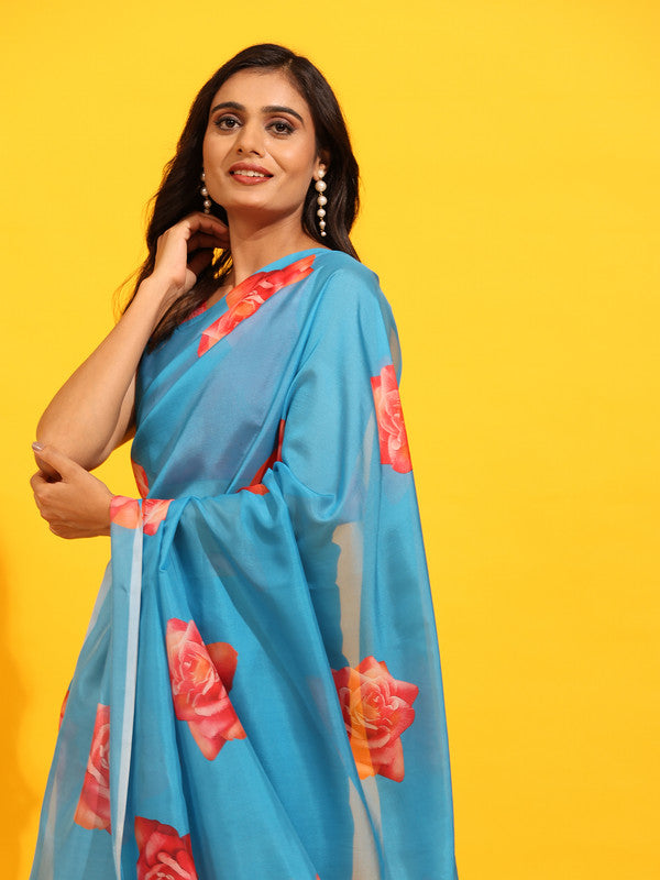 Blue Silk Blend Printed Floral Saree with Unstitched Blouse - Hiral Fashion | Swadesiicart