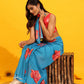 Blue Silk Blend Printed Floral Saree with Unstitched Blouse - Hiral Fashion | Swadesiicart