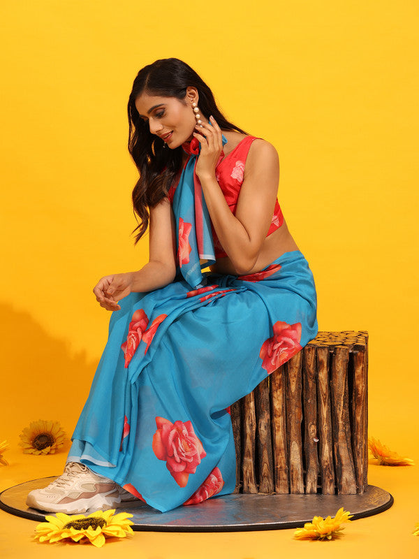 Blue Silk Blend Printed Floral Saree with Unstitched Blouse - Hiral Fashion | Swadesiicart