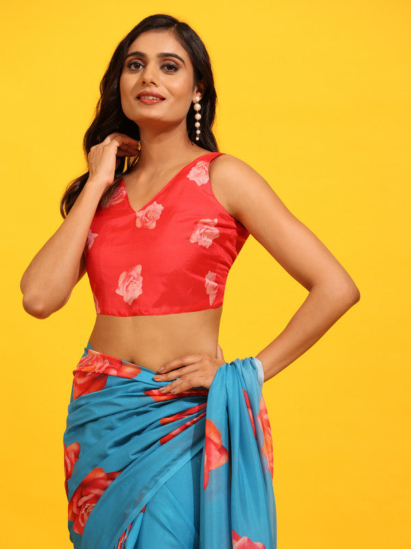 Blue Silk Blend Printed Floral Saree with Unstitched Blouse - Hiral Fashion | Swadesiicart