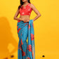 Blue Silk Blend Printed Floral Saree with Unstitched Blouse - Hiral Fashion | Swadesiicart
