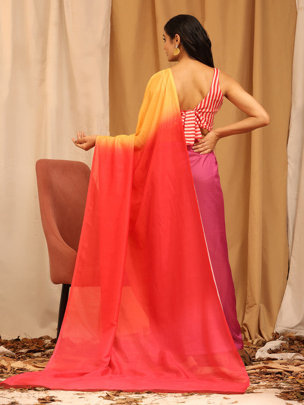 Multicolor Silk Blend Printed Solid Saree with Unstitched Blouse - Hiral Fashion | Swadesiicart