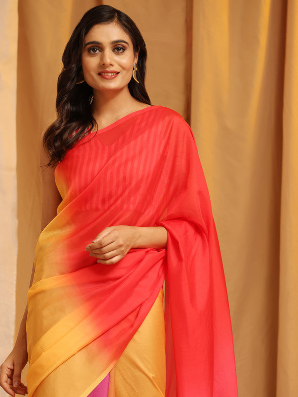Multicolor Silk Blend Printed Solid Saree with Unstitched Blouse - Hiral Fashion | Swadesiicart