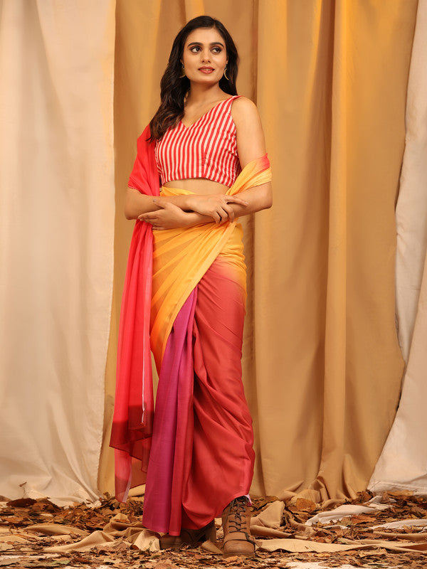 Multicolor Silk Blend Printed Solid Saree with Unstitched Blouse - Hiral Fashion | Swadesiicart