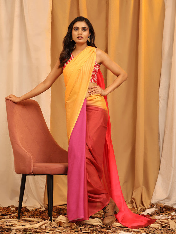 Multicolor Silk Blend Printed Solid Saree with Unstitched Blouse - Hiral Fashion | Swadesiicart