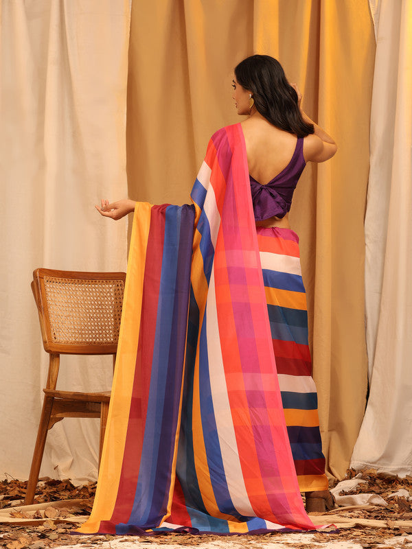 Multicolor Silk Blend Printed Striped Saree with Unstitched Blouse - Hiral Fashion | Swadesiicart