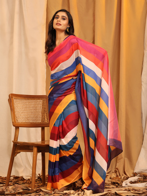 Multicolor Silk Blend Printed Striped Saree with Unstitched Blouse - Hiral Fashion | Swadesiicart