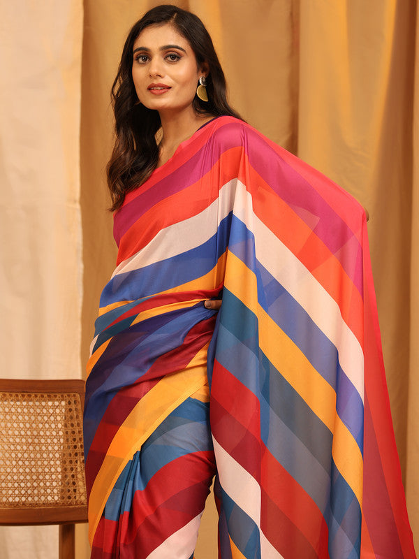 Multicolor Silk Blend Printed Striped Saree with Unstitched Blouse - Hiral Fashion | Swadesiicart
