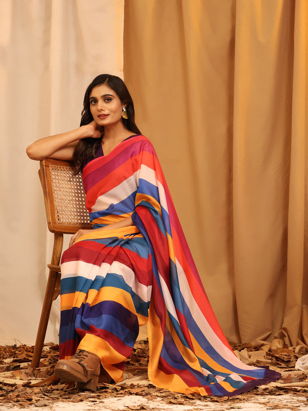 Multicolor Silk Blend Printed Striped Saree with Unstitched Blouse - Hiral Fashion | Swadesiicart