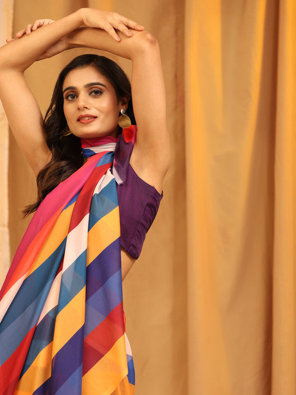 Multicolor Silk Blend Printed Striped Saree with Unstitched Blouse - Hiral Fashion | Swadesiicart