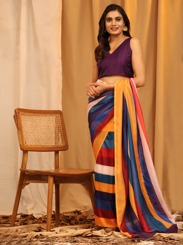 Multicolor Silk Blend Printed Striped Saree with Unstitched Blouse - Hiral Fashion | Swadesiicart