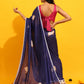 Navy Blue Silk Blend Printed Kalamkari Saree with Unstitched Blouse - Hiral Fashion | Swadesiicart