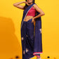 Navy Blue Silk Blend Printed Kalamkari Saree with Unstitched Blouse - Hiral Fashion | Swadesiicart