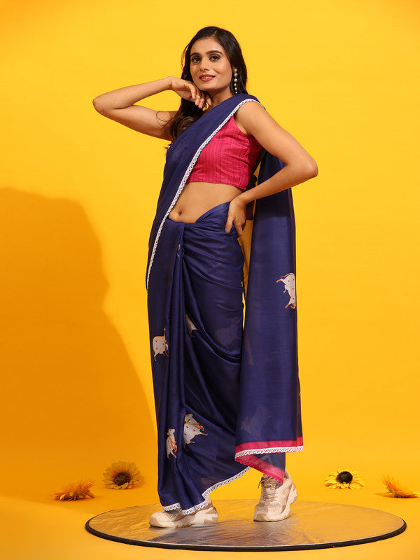 Navy Blue Silk Blend Printed Kalamkari Saree with Unstitched Blouse - Hiral Fashion | Swadesiicart