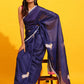 Navy Blue Silk Blend Printed Kalamkari Saree with Unstitched Blouse - Hiral Fashion | Swadesiicart
