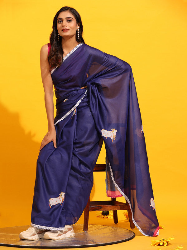 Navy Blue Silk Blend Printed Kalamkari Saree with Unstitched Blouse - Hiral Fashion | Swadesiicart