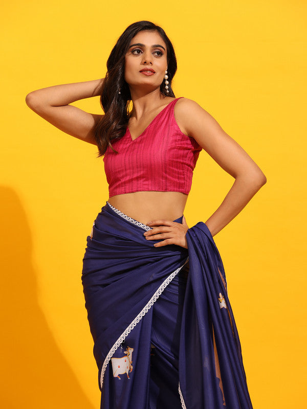 Navy Blue Silk Blend Printed Kalamkari Saree with Unstitched Blouse - Hiral Fashion | Swadesiicart