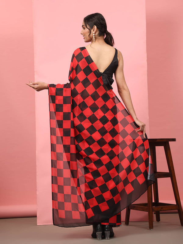 Red Silk Blend Printed Striped Saree with Unstitched Blouse - Hiral Fashion | Swadesiicart