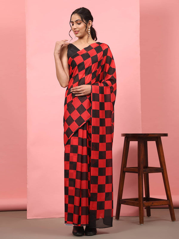 Red Silk Blend Printed Striped Saree with Unstitched Blouse - Hiral Fashion | Swadesiicart