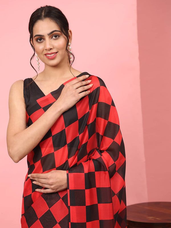 Red Silk Blend Printed Striped Saree with Unstitched Blouse - Hiral Fashion | Swadesiicart