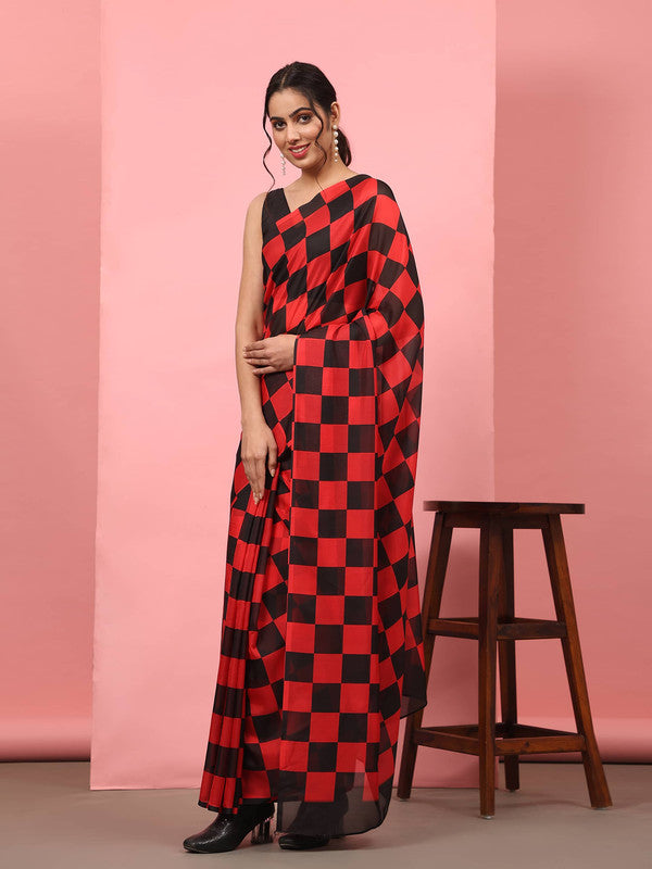 Red Silk Blend Printed Striped Saree with Unstitched Blouse - Hiral Fashion | Swadesiicart