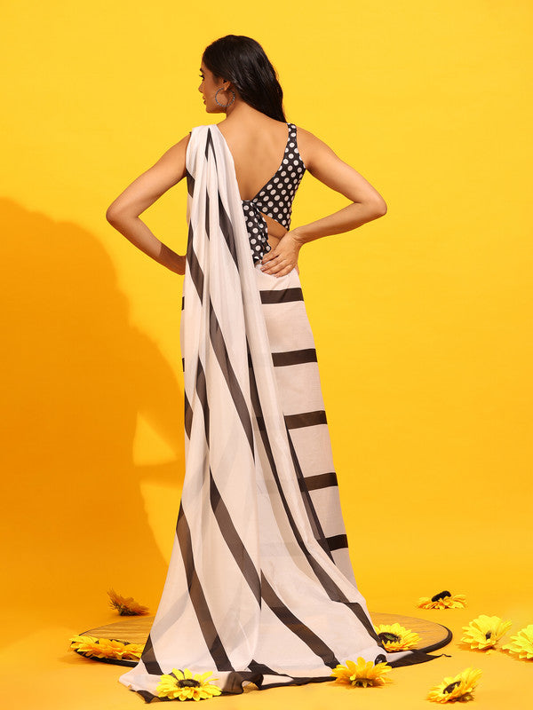 White Silk Blend Printed Striped Saree with Unstitched Blouse - Hiral Fashion | Swadesiicart