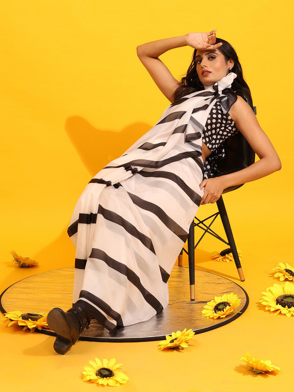 White Silk Blend Printed Striped Saree with Unstitched Blouse - Hiral Fashion | Swadesiicart