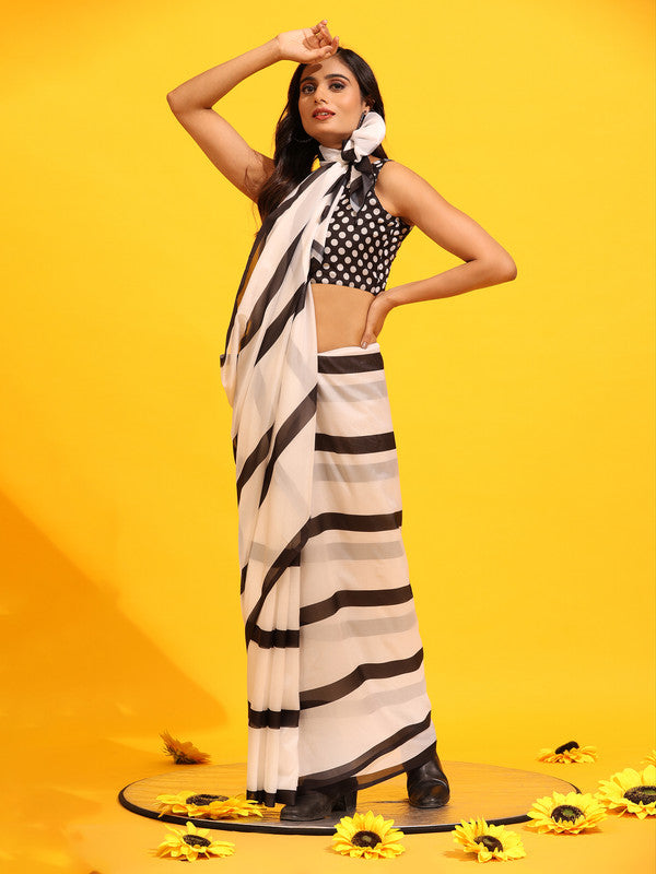 White Silk Blend Printed Striped Saree with Unstitched Blouse - Hiral Fashion | Swadesiicart