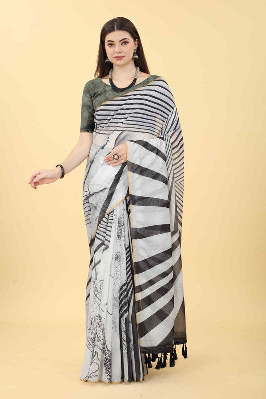 Black Cotton Blend Printed Striped Saree with Unstitched Blouse - Hiral Fashion | Swadesiicart