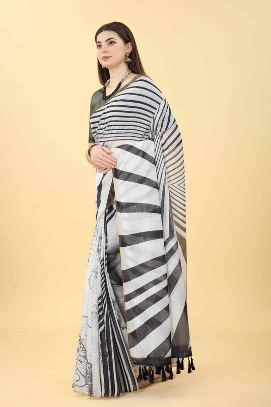 Black Cotton Blend Printed Striped Saree with Unstitched Blouse - Hiral Fashion | Swadesiicart