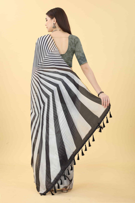 Black Cotton Blend Printed Striped Saree with Unstitched Blouse - Hiral Fashion | Swadesiicart